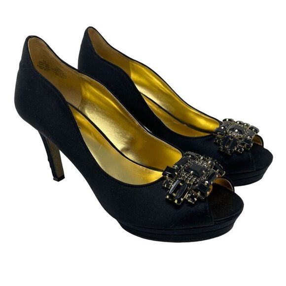 Nine West Shoes Avara2 Satin Heel Dress Pump Peep Toe Women's 7 Platform Glitter - Picture 1 of 10